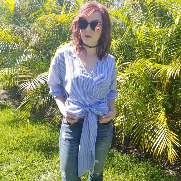 Glamvault Tops - Blue Stripe Wrap Top